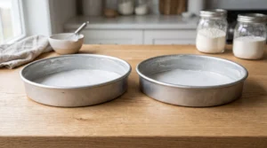 "Two 9-inch round metal cake pans, greased and lined with parchment paper, sitting on a wooden kitchen counter."