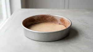 "A 9-inch round cake pan lined with parchment paper and dusted with a cocoa-sugar mixture, ready for the Chocolate Olive Oil Cake batter."