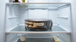 "A springform pan with the assembled Tiramisu cake, wrapped in plastic and resting inside a refrigerator to set."
