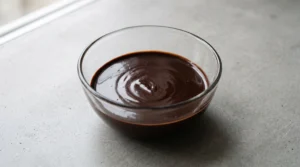 "A glass bowl containing a smooth, glossy chocolate ganache made with dark chocolate, olive oil, and honey."