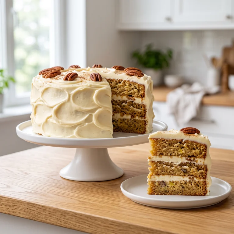 "A three-layer Hummingbird cake frosted with cream cheese, topped with pecan halves, with a slice served on a white plate on a wooden kitchen counter."