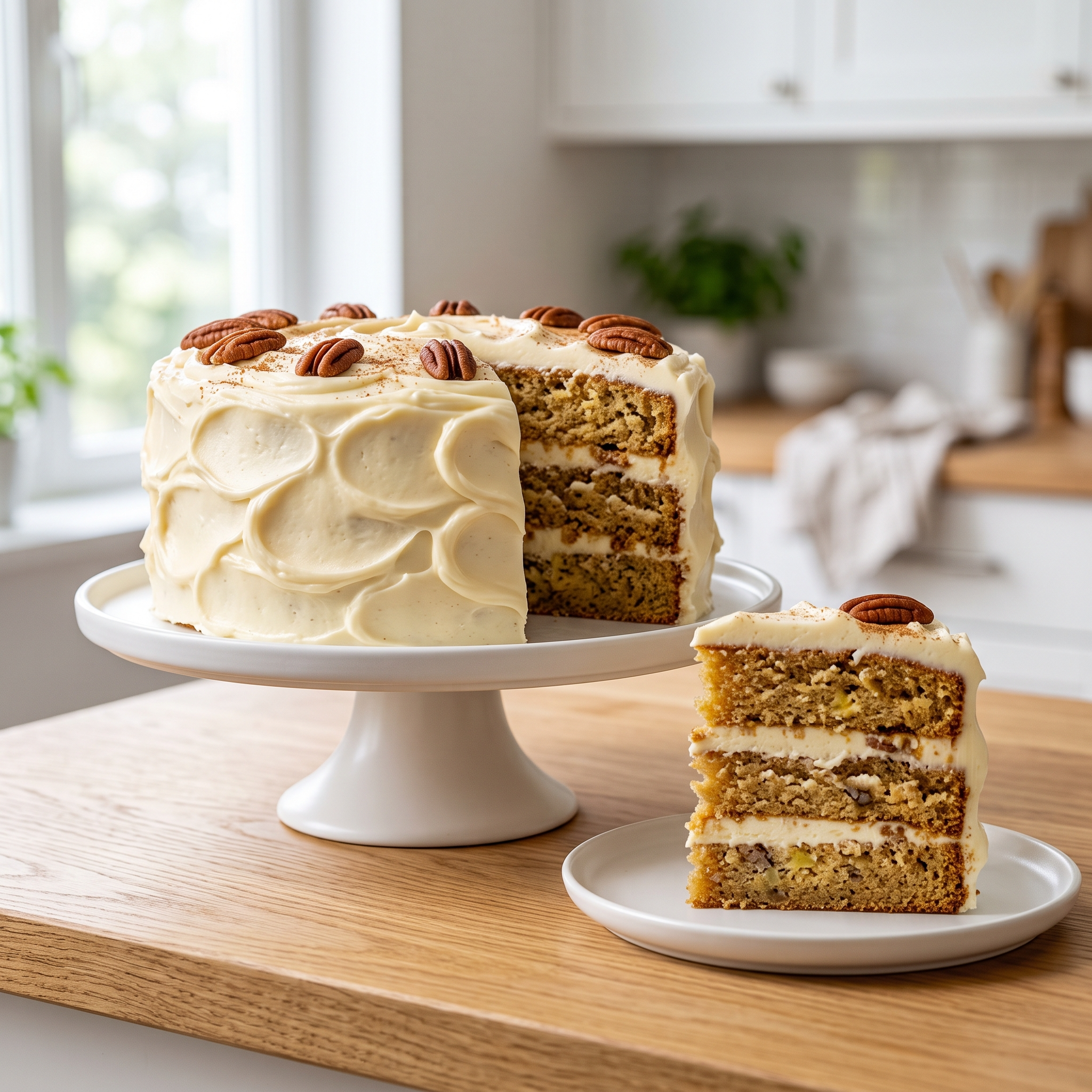 "A three-layer Hummingbird cake frosted with cream cheese, topped with pecan halves, with a slice served on a white plate on a wooden kitchen counter."