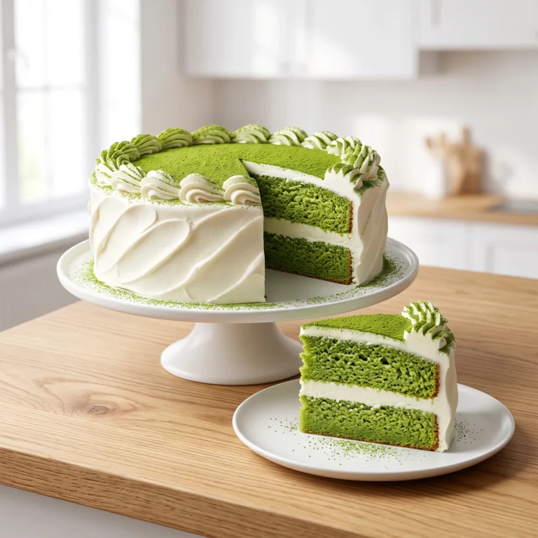 "A beautifully decorated matcha layer cake on a white stand with a slice on a plate, featuring white frosting and matcha powder dusting."