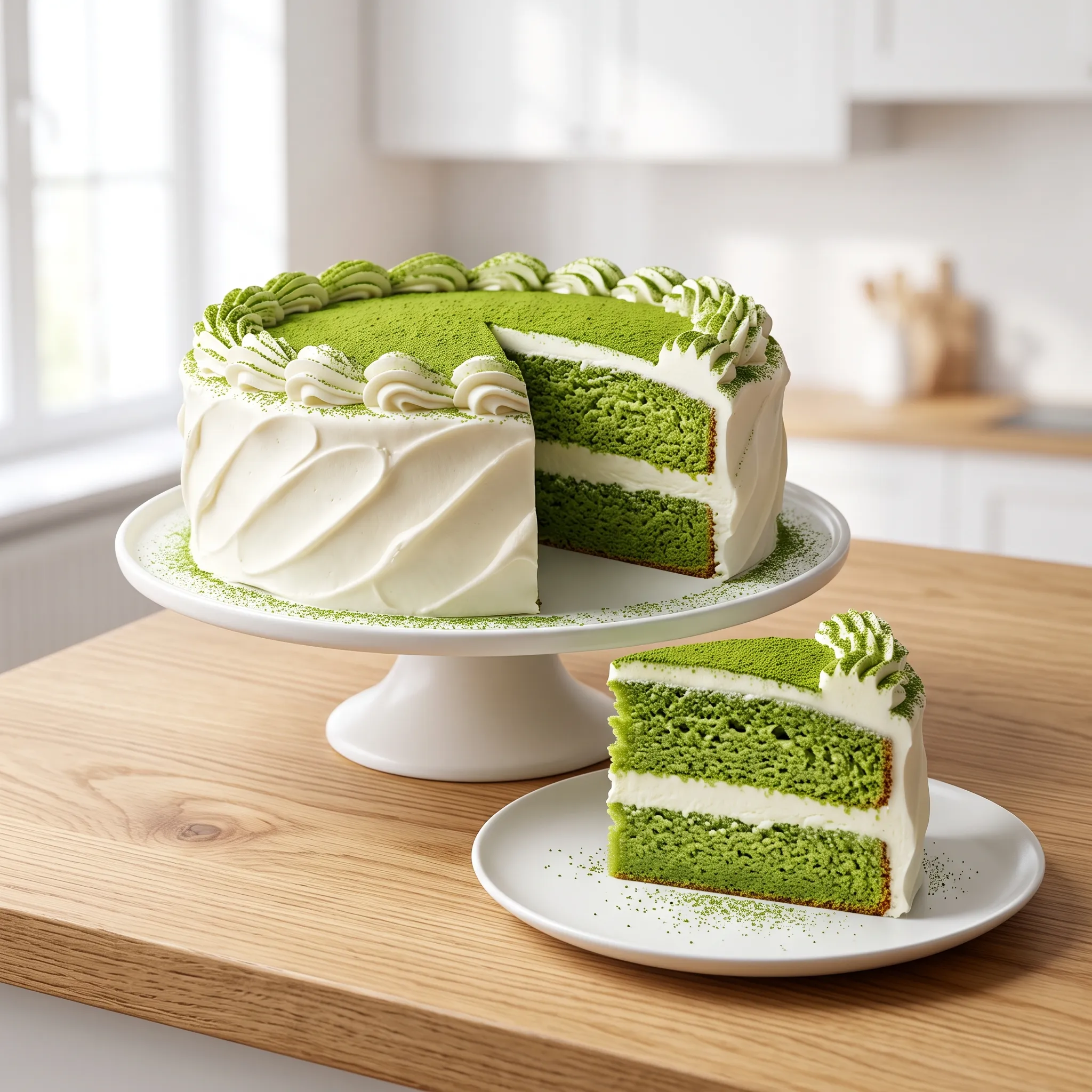 "A beautifully decorated matcha layer cake on a white stand with a slice on a plate, featuring white frosting and matcha powder dusting."