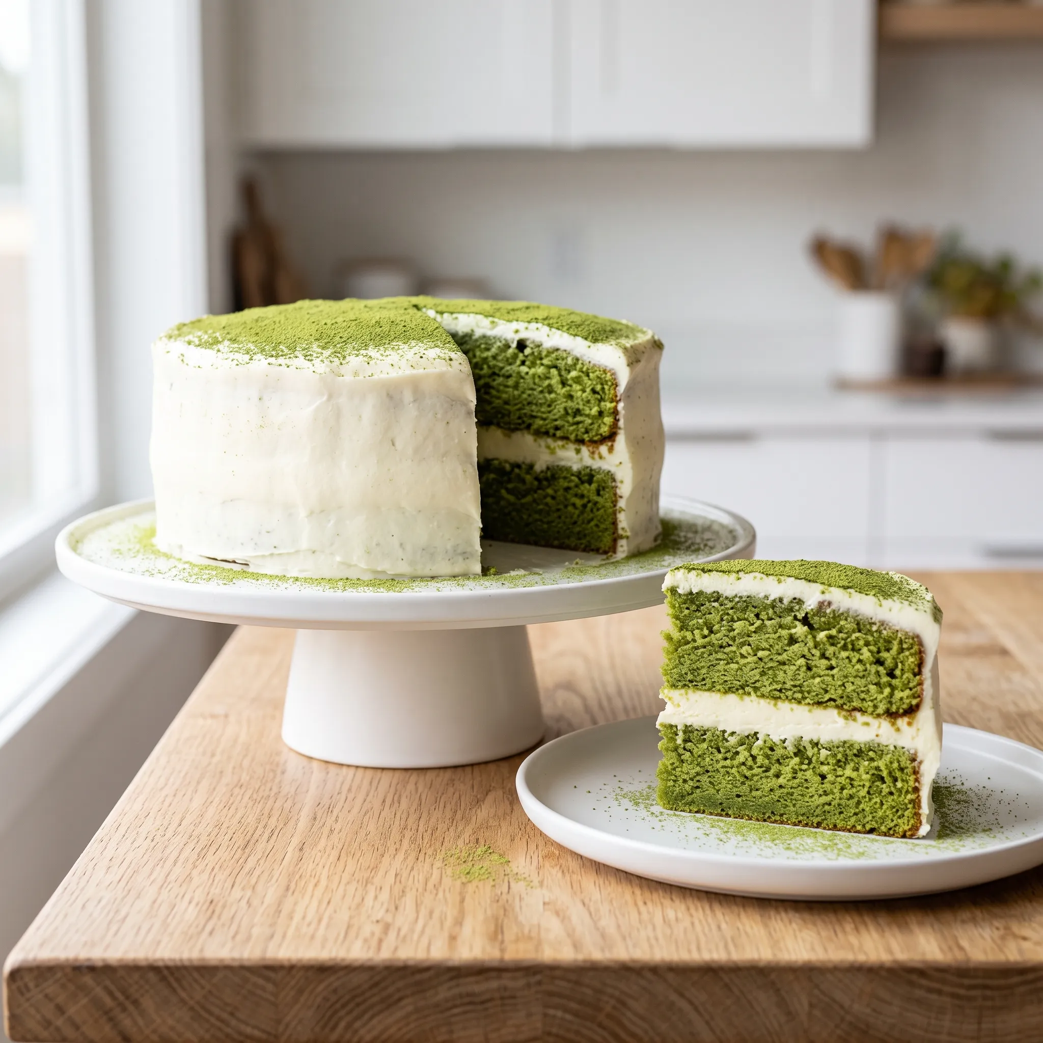 "A vibrant, sliced matcha layer cake with white chocolate frosting, presented on a white cake stand and a small plate, resting on a light oak wooden surface in bright natural light."