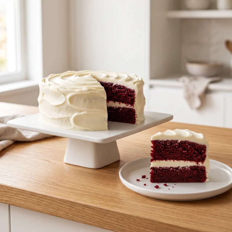 "A slice of moist red velvet cake with creamy frosting on a plate, next to a whole frosted cake on a white stand on a wooden table."
