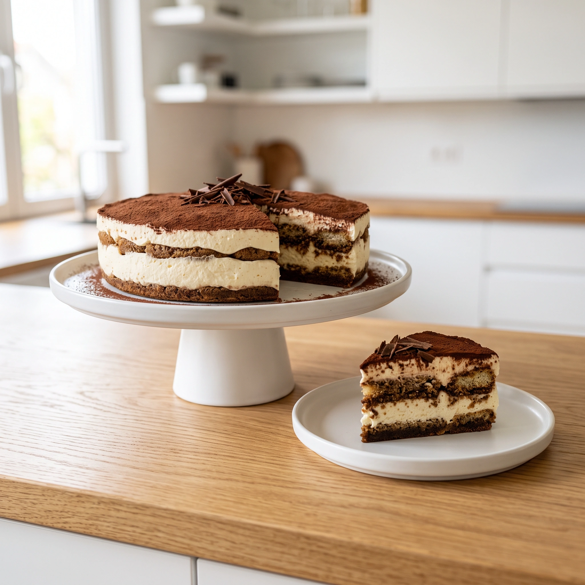 "A stunning, layered Tiramisu cake on a white cake stand with a single slice plated nearby, featuring cocoa dusting and chocolate shavings on a light oak kitchen background."
