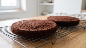 "Two freshly baked, round red velvet cake layers cooling on a wire rack, set on a light oak kitchen surface."