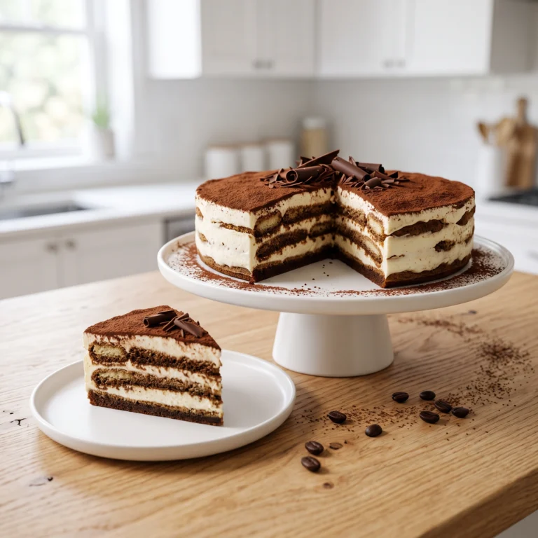 "A beautifully plated Tiramisu slice beside a whole Tiramisu cake, with scattered coffee beans on a light oak table in a modern kitchen."