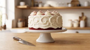 "A fully frosted, elegant Red Velvet cake topped with piped cream cheese swirls, presented on a minimalist white cake stand."