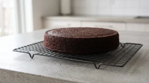 "A perfectly baked chocolate cake resting on a black wire cooling rack on a kitchen counter."