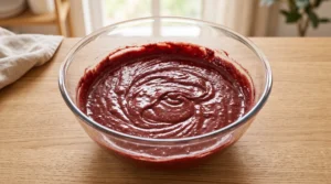 "A large glass bowl filled with a smooth, glossy red velvet cake batter on a light oak kitchen counter, ready for baking."