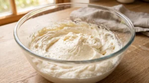"A glass bowl containing a pale, airy, and fluffy mixture of beaten butter and sugar, showing a smooth and light consistency."