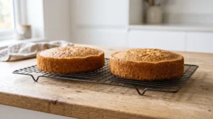 "Two golden-brown, freshly baked round banana cake layers resting on a metal wire cooling rack atop a light oak wooden counter."