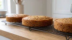 "Three freshly baked, golden-brown round cake layers cooling on a wire rack on a light oak wooden kitchen counter."