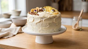 "A fully frosted, beautifully decorated three-layer Hummingbird cake with pecans, banana slices, and edible flowers on a white cake stand."