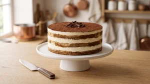 "A fully assembled, elegant Tiramisu cake on a white cake stand, dusted with cocoa powder and topped with dark chocolate shavings."