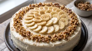 "A beautifully garnished banana layer cake topped with fresh banana slices, chopped toasted walnuts, and a light dusting of cinnamon on a cake stand."