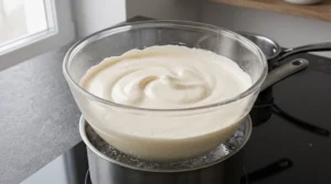 "A glass bowl over a simmering pot of water, containing a thick, pale, and creamy egg yolk and sugar mixture."