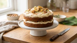 "A fully assembled and garnished banana layer cake on a white cake stand next to a sharp knife, ready to be sliced."