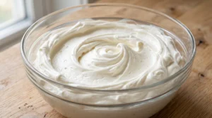 "A large glass bowl filled with smooth, creamy white frosting, sitting on a light oak wooden kitchen surface."