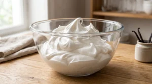 A glass bowl filled with stiff, glossy whipped egg whites on a wooden countertop.