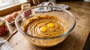 A glass bowl containing cookie butter batter with fresh eggs being added on a wooden countertop next to jars of Biscoff spread.