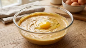 A glass bowl containing rich cake batter with an egg being mixed in on a wooden countertop.