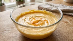 A glass bowl containing a rich cake batter with an egg being mixed in on a wooden countertop.