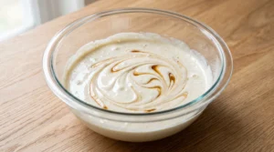 A glass bowl of cake batter with swirls of vanilla and almond extract on a wooden countertop.