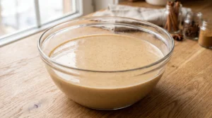 A large glass bowl containing a smooth, thin spiced batter on a wooden countertop with spice jars in the background.