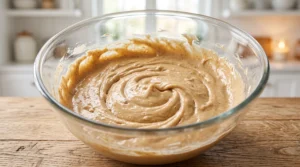 A glass bowl containing fully combined cake batter with alternating additions of flour mixture and buttermilk on a wooden countertop.