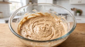 A glass bowl filled with smooth, thoroughly blended cake batter on a wooden countertop.