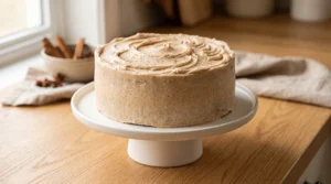 A fully frosted three-layer cake coated in smooth cinnamon cream cheese frosting on a white cake stand.