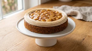 A cake layer on a white cake stand piped with a ring of cinnamon cream cheese frosting and filled with spiced apple filling.
