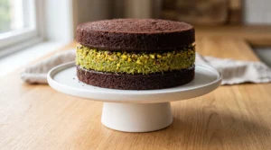 Chocolate cake layers stacked on a white cake stand with a thick layer of green pistachio kunafa filling in between.
