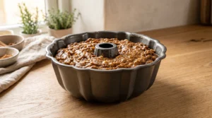 A greased Bundt pan filled with spiced apple cider cake batter sitting on a wooden countertop.