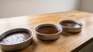 Three round cake pans filled with chocolate cake batter on a wooden countertop, ready for the oven.