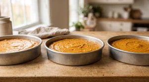 Three round cake pans filled with pumpkin spice cake batter on a wooden countertop, ready for the oven.