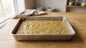 A rectangular 9x13 inch metal baking pan filled with uncooked zucchini cake batter on a wooden countertop.
