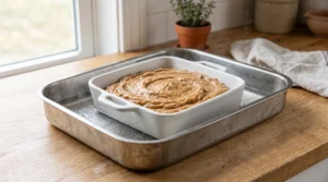 A baking dish filled with chai pudding cake batter placed inside a roasting pan with hot water surrounding it on a wooden countertop.