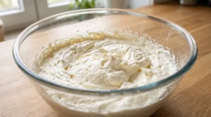 A glass bowl containing a light and fluffy whipped mixture of butter, oil, and sugar on a wooden countertop.