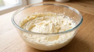A glass bowl containing a light and fluffy creamed mixture of butter and sugar on a wooden countertop.
