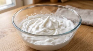 A glass bowl containing glossy whipped egg whites beaten to soft peaks on a wooden countertop.