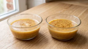 Two glass bowls filled with melted brown butter speckled with toasted milk solids for The Best Brown Butter Cake on a wooden countertop.