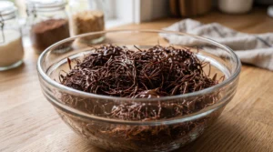 A glass bowl filled with toasted kataifi coated in melted couverture chocolate on a wooden countertop.