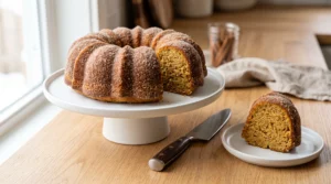 A cinnamon-sugar coated apple cider donut Bundt cake on a white cake stand with a slice cut and served on a plate next to a knife.