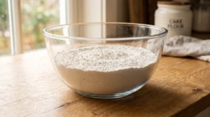 A large glass bowl filled with cake flour, baking powder, and salt on a wooden countertop, with a container labeled "cake flour" in the background.