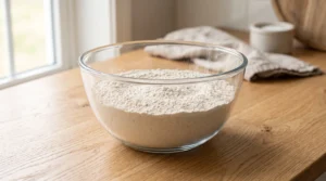 A large glass bowl filled with cake flour, baking powder, baking soda, and salt on a wooden countertop.