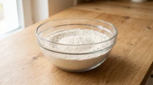 A large glass bowl filled with cake flour, baking powder, and salt on a wooden countertop.